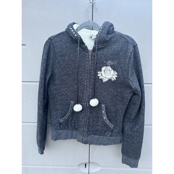 Y2K Vintage Women’s Ed Hardy Sherpa Lined Pom Pom String Studded Hoodie Sz S - Picture 1 of 15